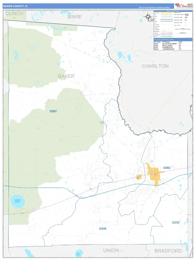 Baker County, FL ZIP Code Wall Map, Business Reference style
