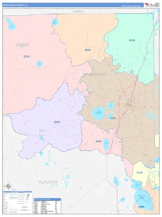 Bradford County, FL ColorCast style ZIP Code wall map