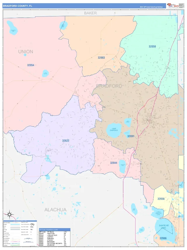 Bradford County, FL ZIP Code Wall Map, ColorCast style