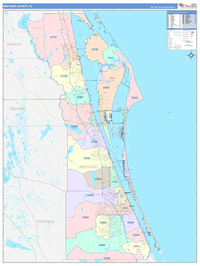 Brevard County, FL ZIP Code Wall Map, ColorCast style
