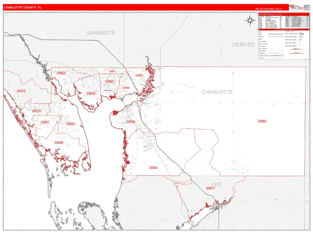 Charlotte County, FL ZIP Code Wall Map, RedLine style