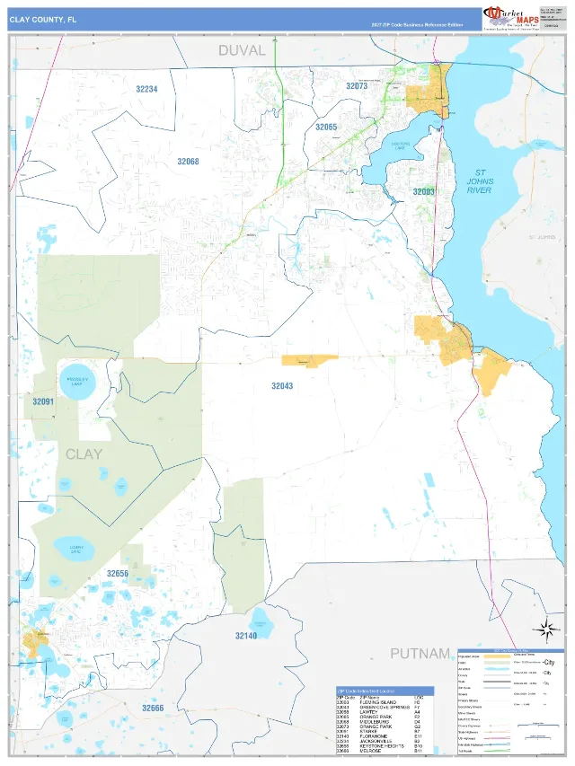 Clay County, FL ZIP Code Wall Map, Business Reference style