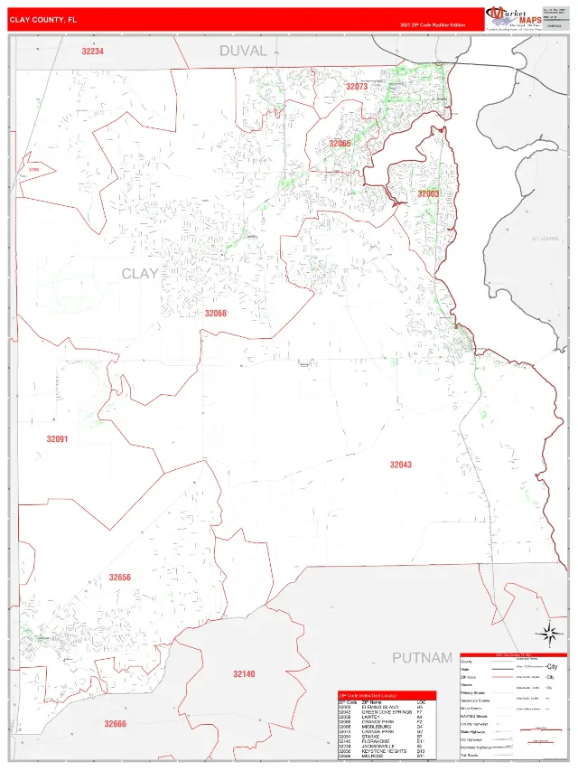 Clay County, FL ZIP Code Wall Map, RedLine style