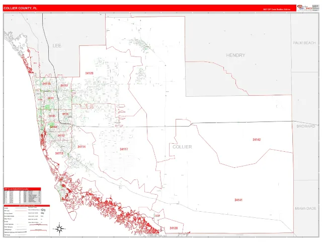 Collier County, FL ZIP Code Wall Map, RedLine style