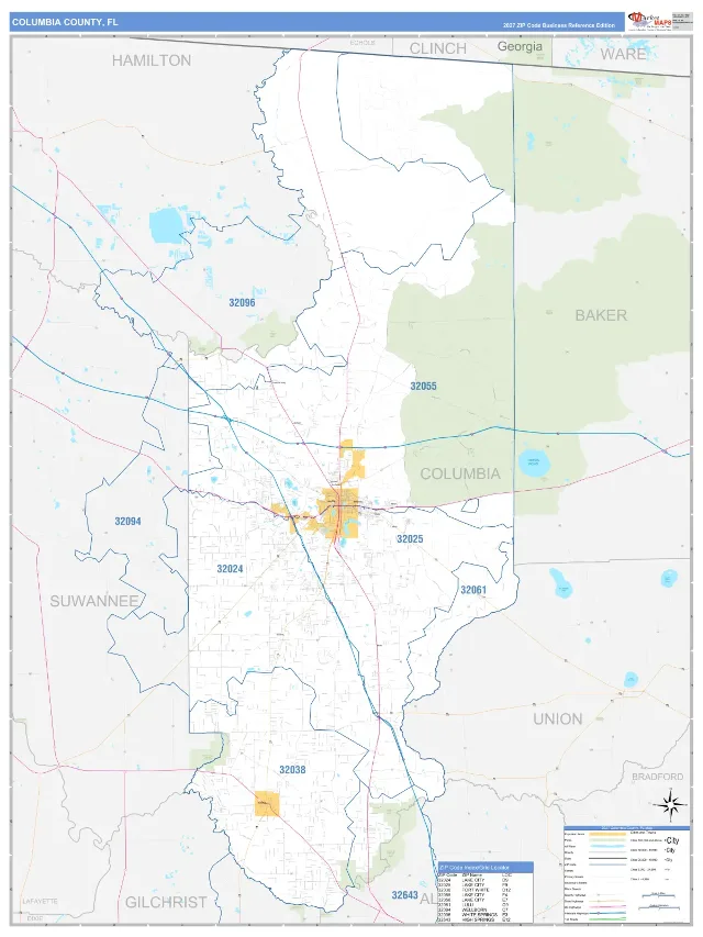 Columbia County, FL ZIP Code Wall Map, Business Reference style