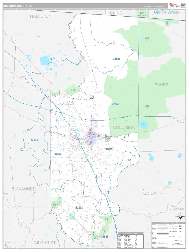 Columbia County, FL ZIP Code Wall Map, Classic style