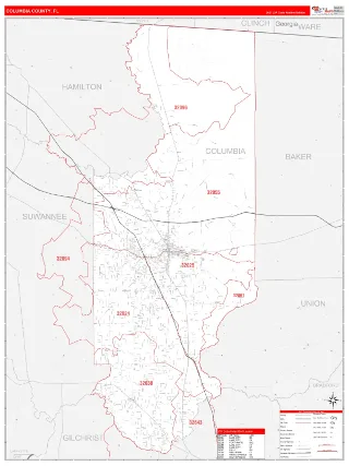 Columbia County, FL RedLine style ZIP Code wall map