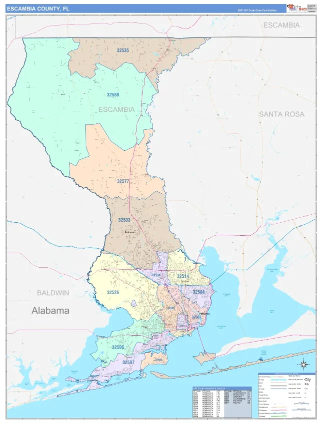 Escambia County, FL ZIP Code Wall Map, ColorCast style