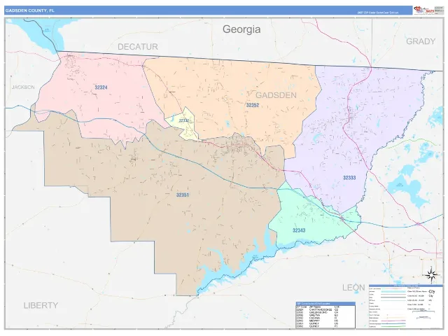 Gadsden County, FL ZIP Code Wall Map, ColorCast style