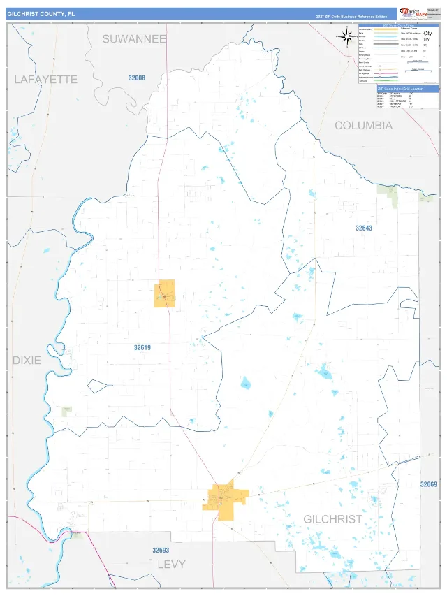 Gilchrist County, FL ZIP Code Wall Map, Business Reference style
