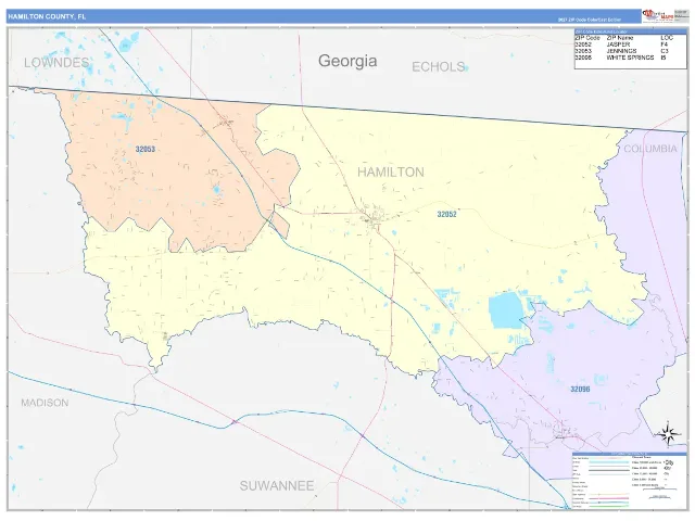 Hamilton County, FL ZIP Code Wall Map, ColorCast style