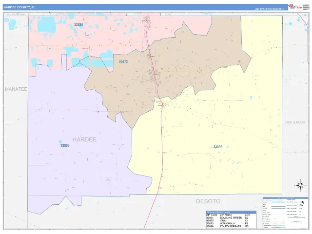 Hardee County, FL ZIP Code Wall Map, ColorCast style