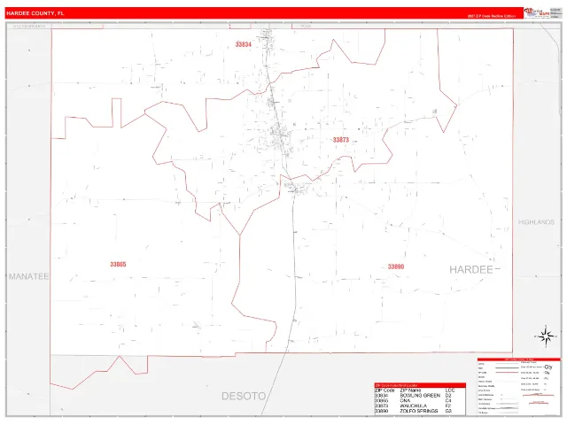 Hardee County, FL ZIP Code Wall Map, RedLine style