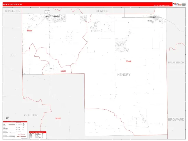Hendry County, FL ZIP Code Wall Map, RedLine style