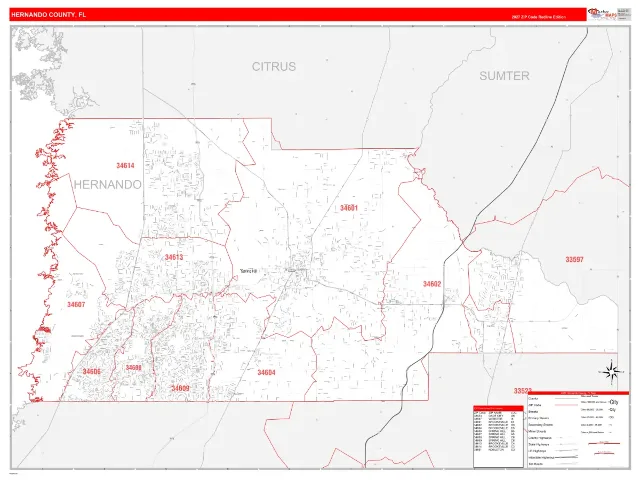Hernando County, FL ZIP Code Wall Map, RedLine style