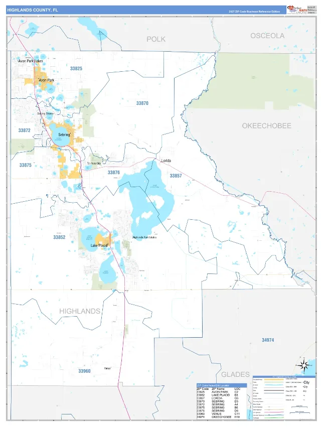 Highlands County, FL ZIP Code Wall Map, Business Reference style