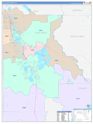 Highlands County, FL ColorCast style ZIP Code wall map
