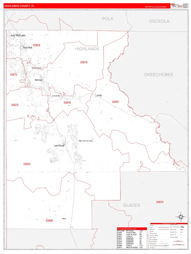 Highlands County, FL ZIP Code Wall Map, RedLine style