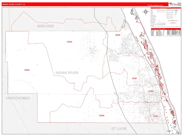 Indian River County, FL ZIP Code Wall Map, RedLine style