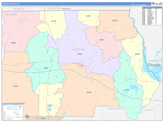 Jackson County, FL ZIP Code Wall Map, ColorCast style