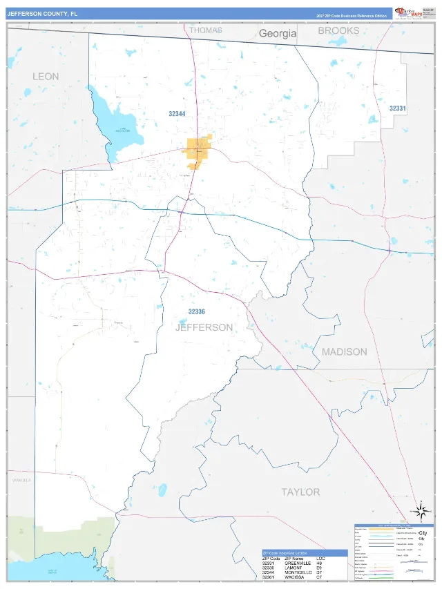 Jefferson County, FL ZIP Code Wall Map, Business Reference style