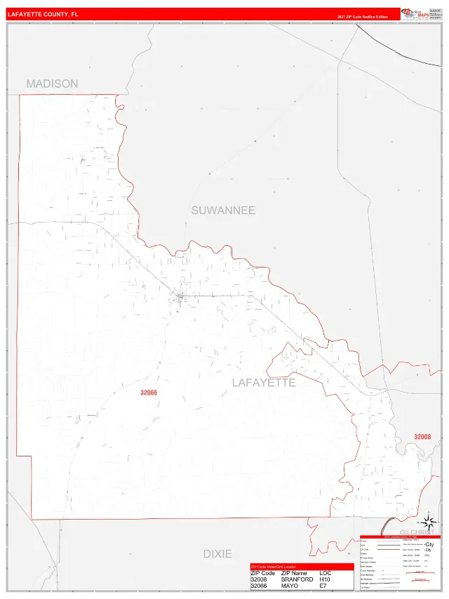 Lafayette County, FL ZIP Code Wall Map, RedLine style