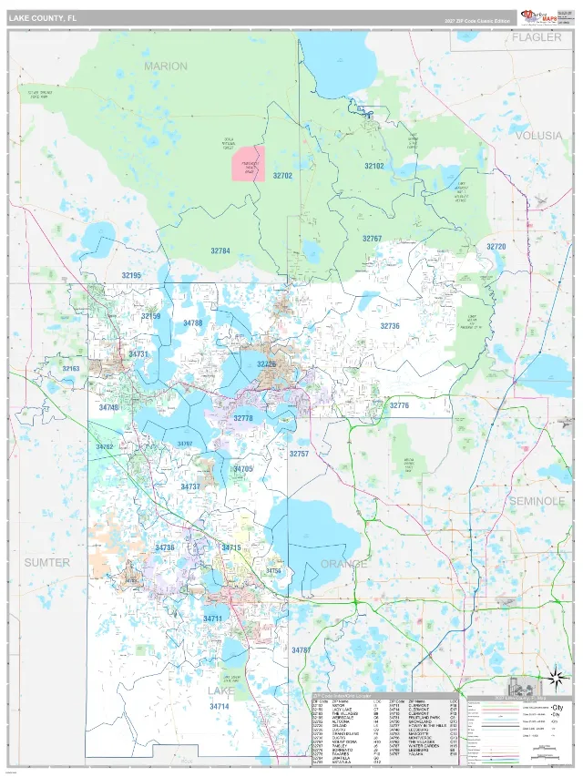 Lake County, FL ZIP Code Wall Map, Classic style
