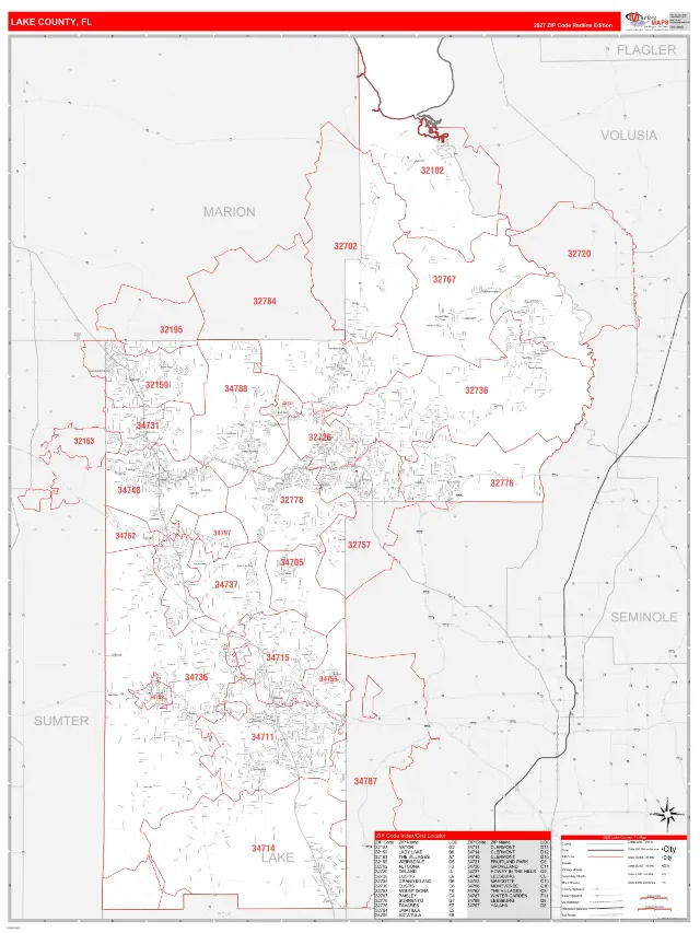 Lake County, FL ZIP Code Wall Map, RedLine style