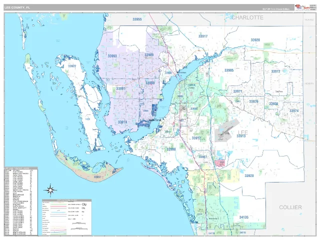 Lee County, FL ZIP Code Wall Map, Classic style