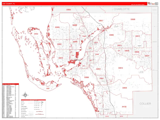 Lee County, FL ZIP Code Wall Map, RedLine style