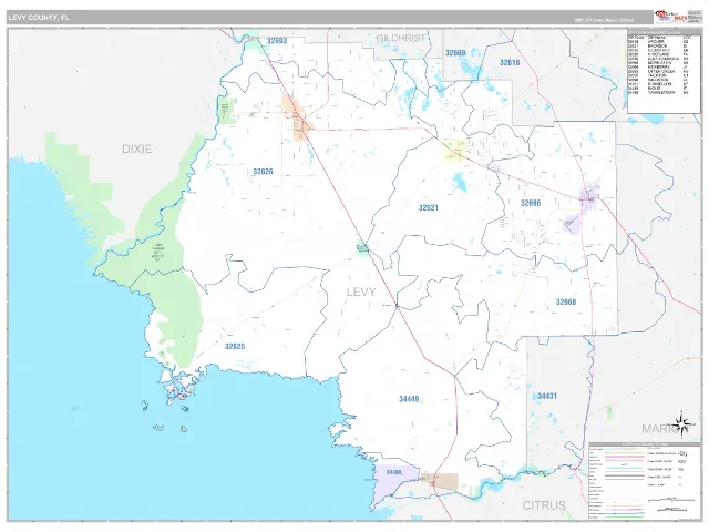 Levy County, FL ZIP Code Wall Map, Classic style