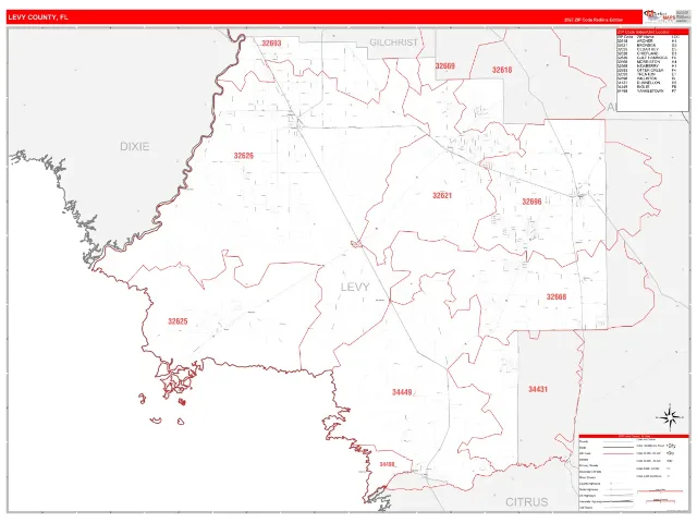 Levy County, FL ZIP Code Wall Map, RedLine style