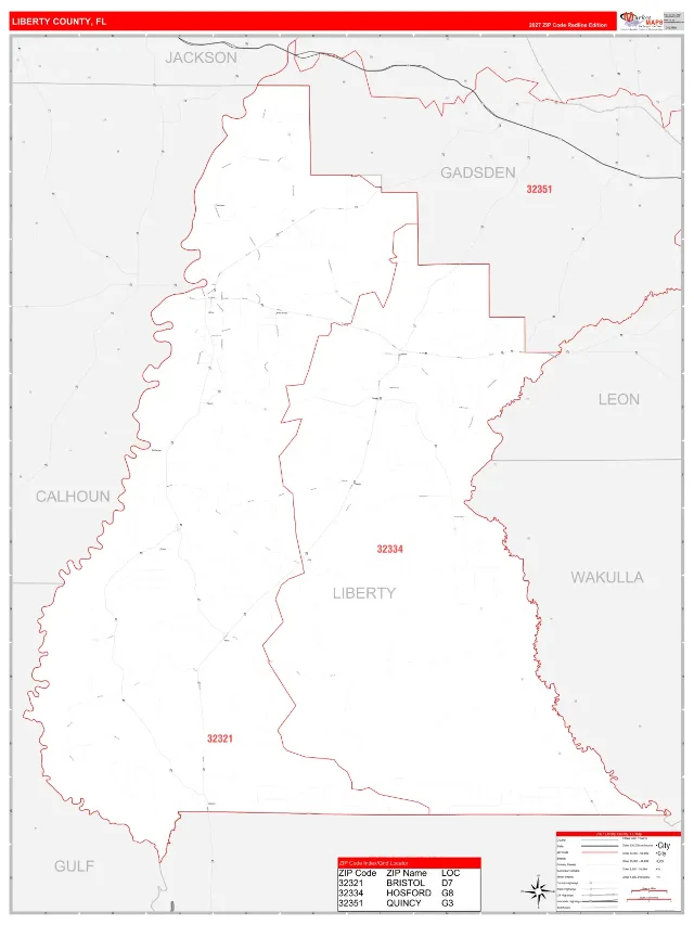Liberty County, FL ZIP Code Wall Map, RedLine style
