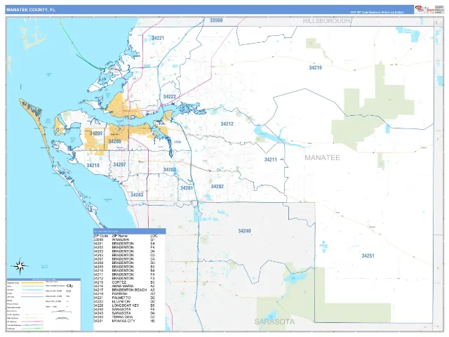 Manatee County, FL ZIP Code Wall Map, Business Reference style