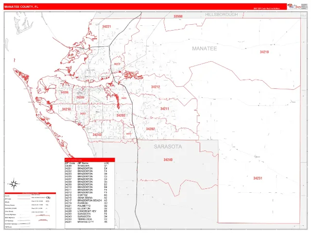 Manatee County, FL ZIP Code Wall Map, RedLine style