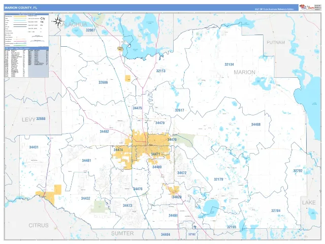 Marion County, FL ZIP Code Wall Map, Business Reference style