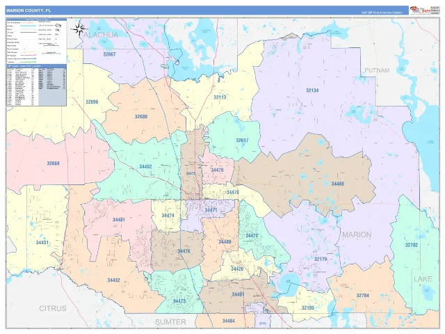 Marion County, FL ZIP Code Wall Map, ColorCast style
