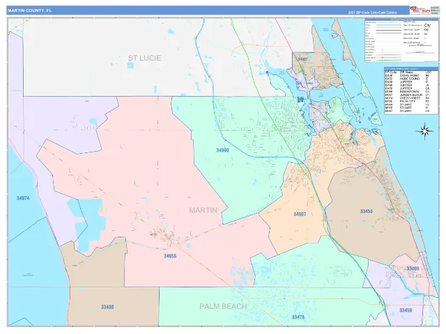 Martin County, FL ZIP Code Wall Map, ColorCast style