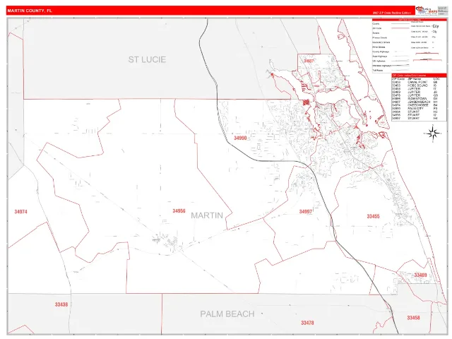 Martin County, FL ZIP Code Wall Map, RedLine style