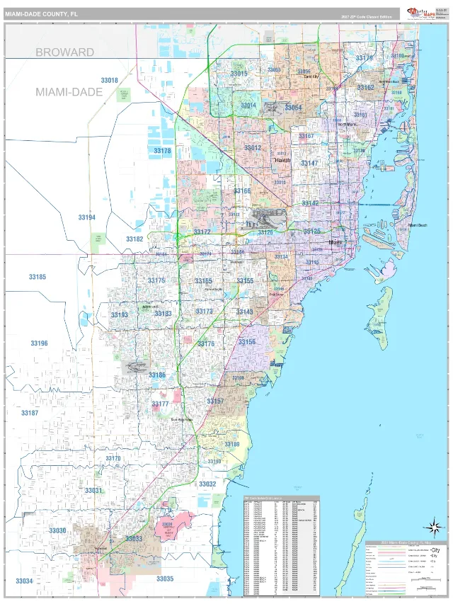 Miami-Dade County, FL ZIP Code Wall Map, Classic style