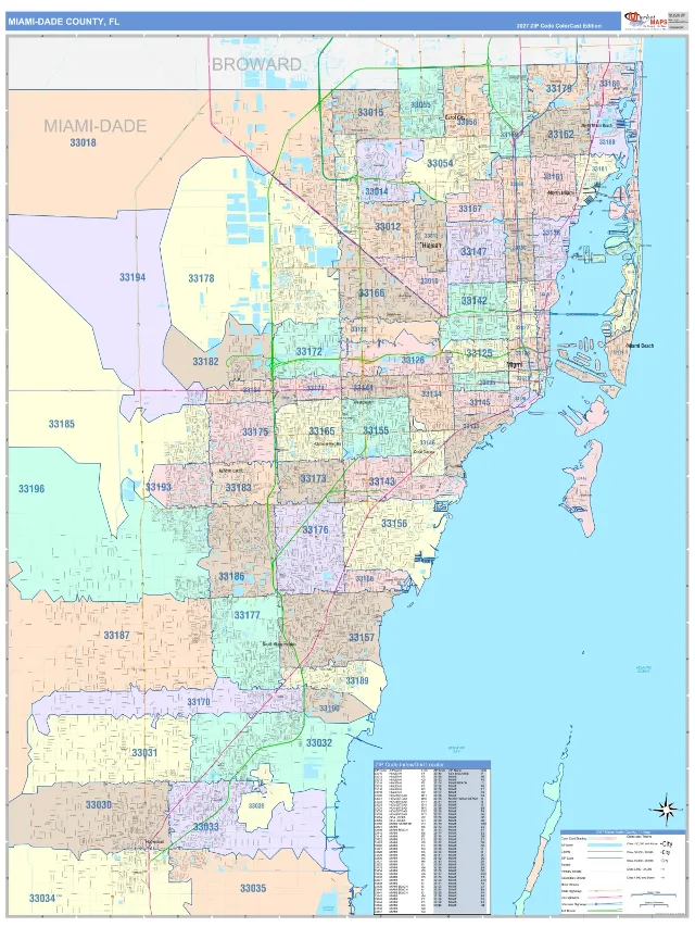 Miami-Dade County, FL ZIP Code Wall Map, ColorCast style