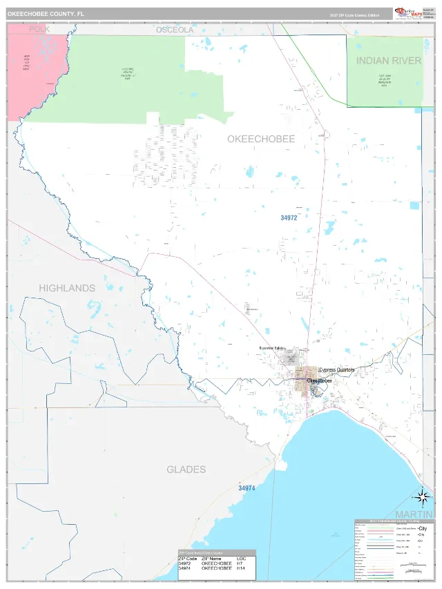 Okeechobee County, FL ZIP Code Wall Map, Classic style