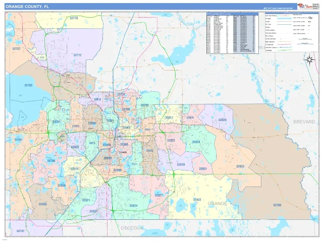 Orange County, FL ZIP Code Wall Map, ColorCast style