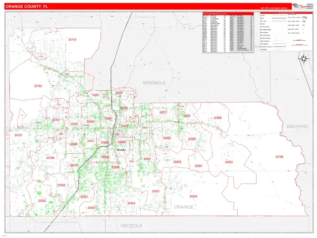 Orange County, FL ZIP Code Wall Map, RedLine style