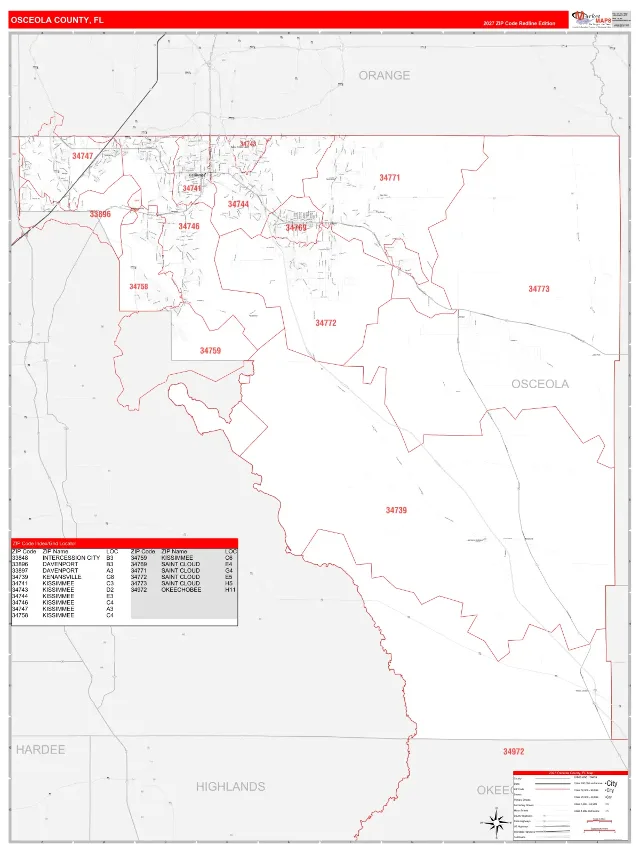 Osceola County, FL ZIP Code Wall Map, RedLine style