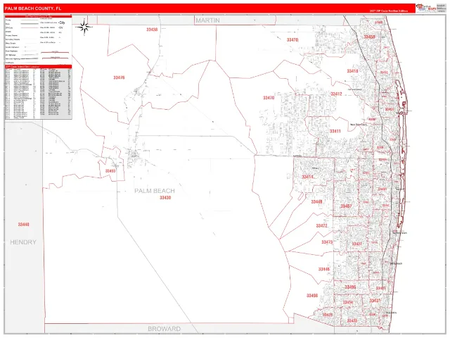 Palm Beach County, FL ZIP Code Wall Map, RedLine style
