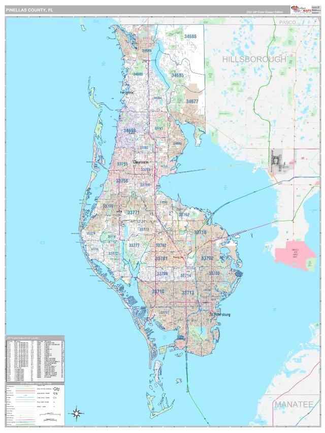 Pinellas County, FL ZIP Code Wall Map, Classic style