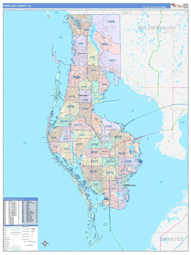 Pinellas County, FL ZIP Code Wall Map, ColorCast style