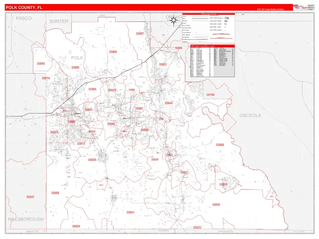 Polk County, FL ZIP Code Wall Map, RedLine style