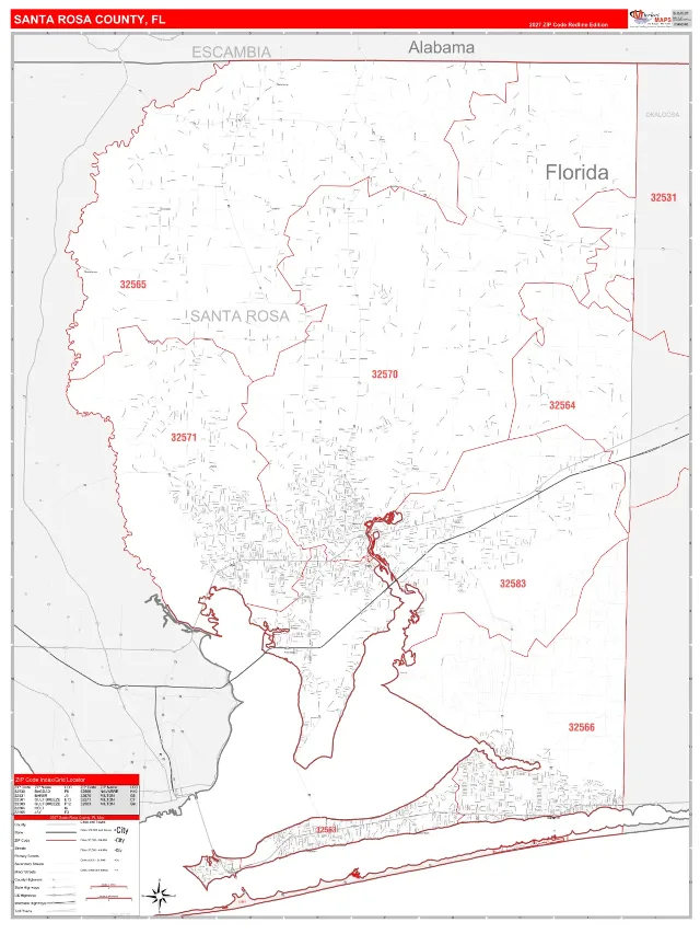 Santa Rosa County, FL ZIP Code Wall Map, RedLine style